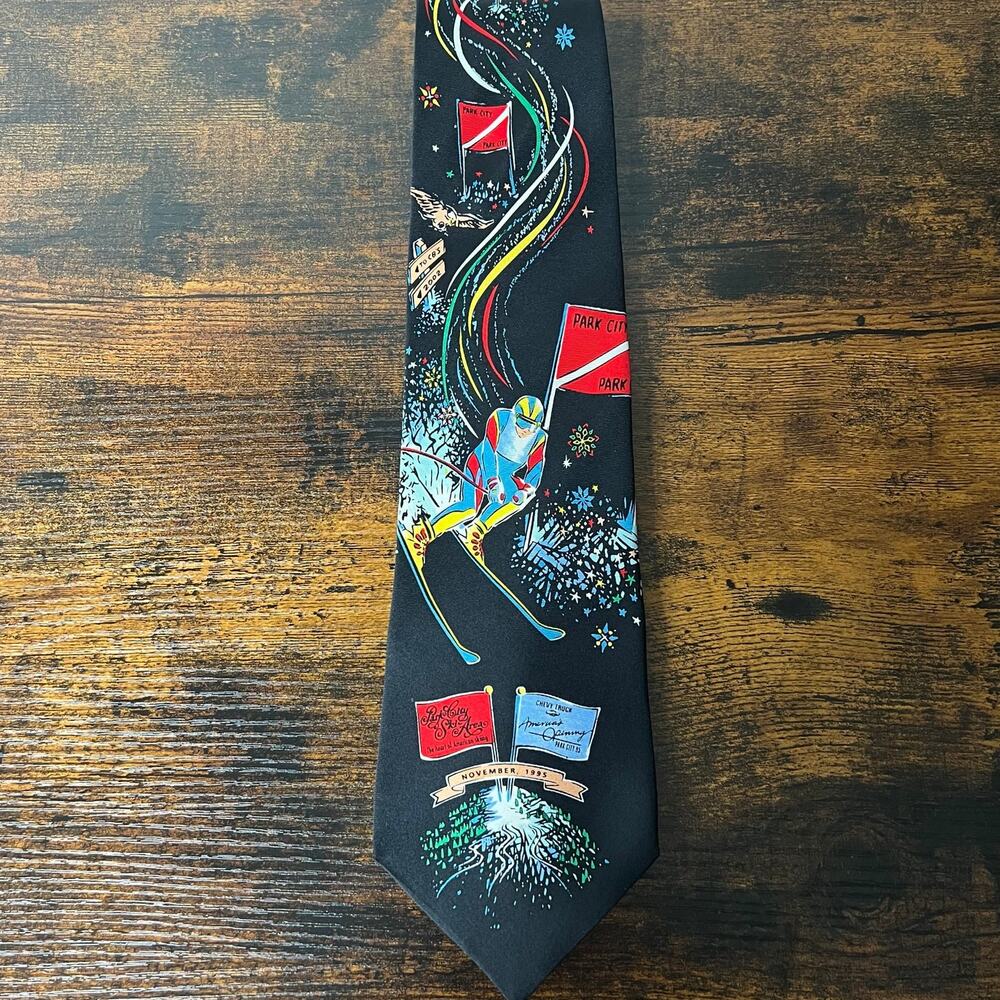 Vintage Park City Chevy Truck Silk Tie Ski Necktie‎ 1995 Skiing Americana Winter